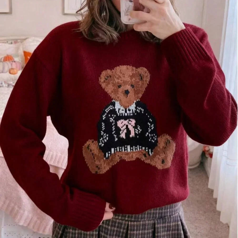 Burgundy Casual Women's Bear Pattern Knit Pullover Sweater - Picture 5 of 5